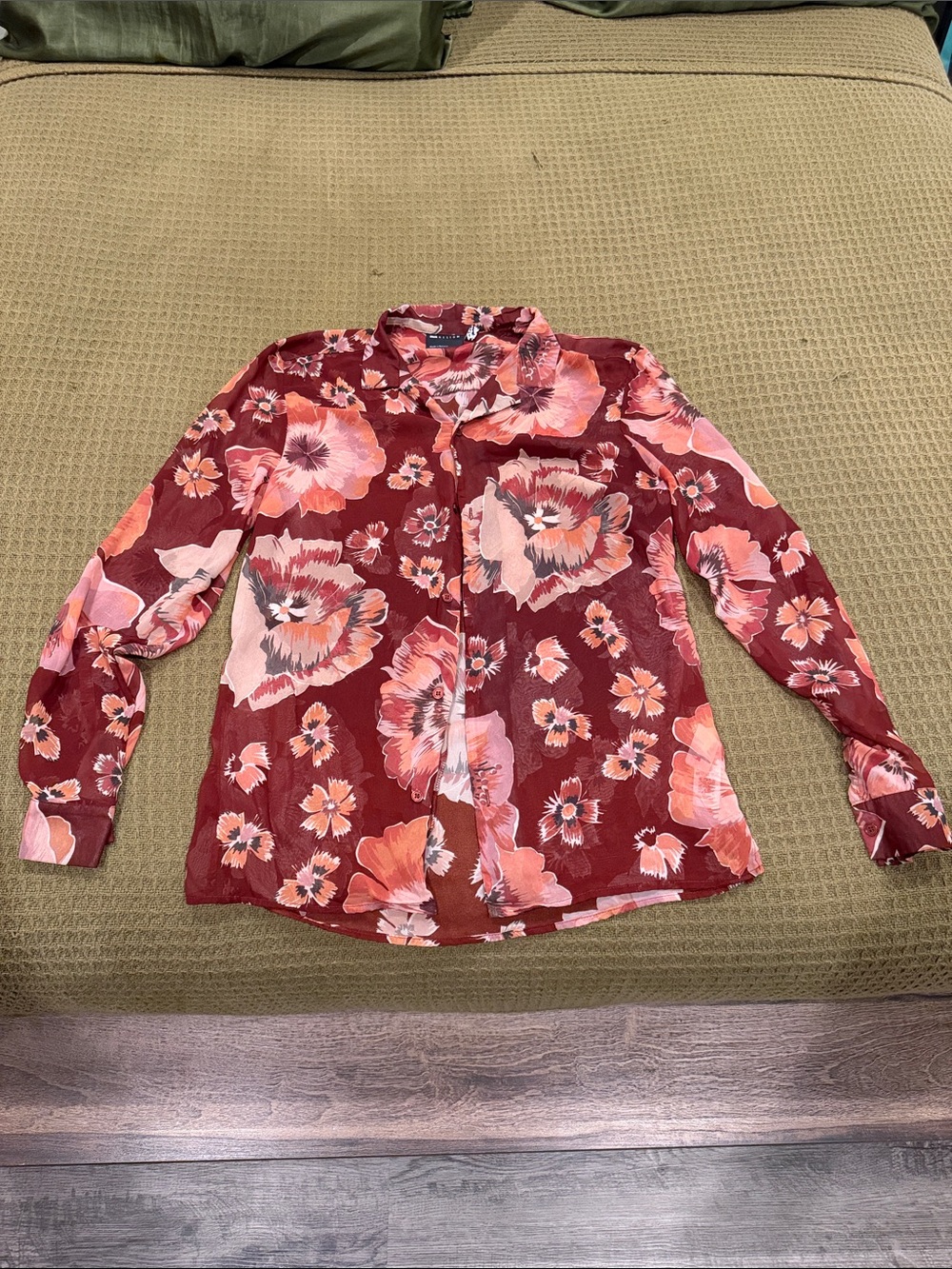ASOS Burgundy Floral Button-Down Shirt with Pink & Coral Flowers